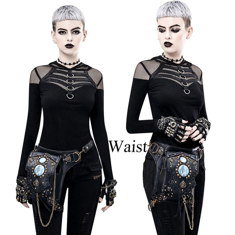 Valentoria Steampunk Waist Bag Fanny Pack Fashion Gothic Leather Shoulder Crossbody Messenger Bags Thigh Leg Hip Holster Purse Travel Pouch Hiking Sport Chain Bags for Women Men (punkwbag C) - Image 3
